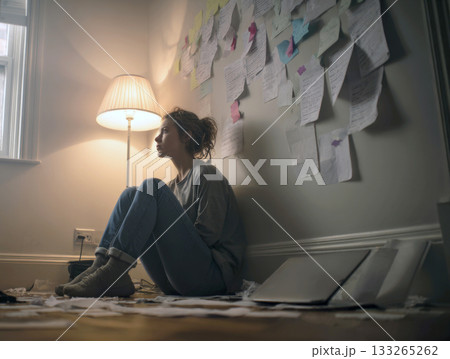 woman sits alone on floor, lit by warm lamp, surrounded by piles of papers and notes stuck to wall. The image conveys stress, anxiety, creative block, mental exhaustion, and depression 133265262