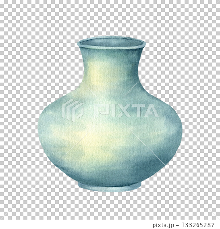 Turquoise flower vase. Empty open ceramic vessel. Watercolor clip art in vintage style isolated from background. Cozy home decor art element. Hand drawn illustration for design of spring composition 133265287