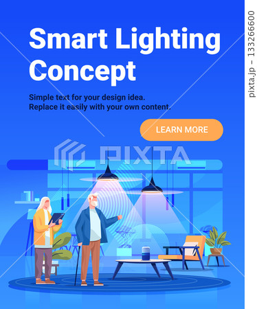 Smart lighting concept elderly people using technology modern living room interior plants lamps digital assistant blue background website banner Smart lighting concept elderly people using technology modern living room interior plants lamps digital assistant blue background website banner 133266600