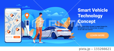 Smart vehicle technology concept electric car charging man using smartphone cityscape map navigation mobile interface blue background landing page Smart vehicle technology concept electric car charging man using smartphone cityscape map navigation mobile interface blue background landing page 133266621