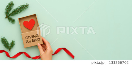 Giving Tuesday charity concept with heart, ribbon, and greenery on pastel background Giving Tuesday charity concept with heart, ribbon, and greenery on pastel background 133266702