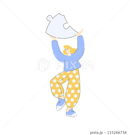 Woman Hold Big Jigsaw Puzzle Connecting Element Together Vector Illustration Woman Hold Big Jigsaw Puzzle Connecting Element Together Vector Illustration 133266736