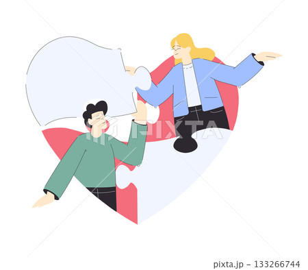 Man and Woman Hold Big Jigsaw Puzzle Connecting Heart Shape Element Vector Illustration Man and Woman Hold Big Jigsaw Puzzle Connecting Heart Shape Element Vector Illustration 133266744
