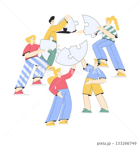 Jigsaw Puzzle with Man and Woman Connecting Element Together Vector Illustration 133266749