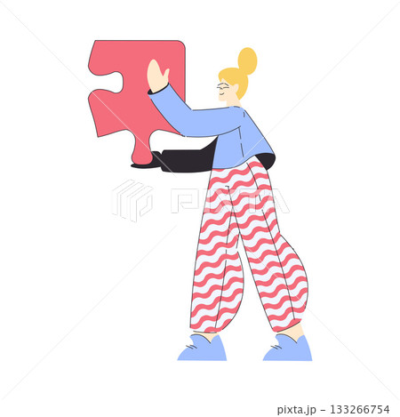 Woman Hold Big Jigsaw Puzzle Connecting Element Together Vector Illustration Woman Hold Big Jigsaw Puzzle Connecting Element Together Vector Illustration 133266754