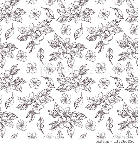 Vector seamless pattern of apple and plum blossoms, leaves, all objects hand-drawn with ink and translated into vector. Illustration is perfect for printing on paper and fabric, for design, creativity Vector seamless pattern of apple and plum blossoms, leaves, all objects hand-drawn with ink and translated into vector. Illustration is perfect for printing on paper and fabric, for design, creativity 133266856