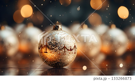 Gold balls on Christmas background. Winter snowy backdrop. Template for design, banner. Gold balls on Christmas background. Winter snowy backdrop. Template for design, banner. 133266873