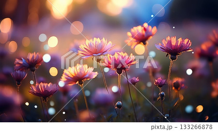 A field of flowers with a bright sun shining on them. The flowers are pink and purple and are scattered throughout the field. Scene is peaceful and serene, as the sun's rays illuminate the flowers 133266878