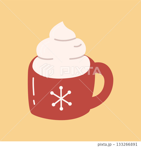 Red Christmas Mug with Whipped Cream and Snowflake Cozy Winter Holiday Illustration 133266891