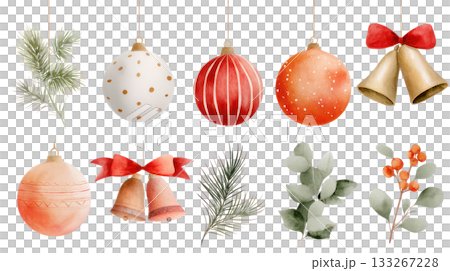 Colorful Christmas ornaments including baubles, bells, and greenery, creating a festive atmosphere for holiday celebrations and seasonal decor. Isolated on transparent background. Colorful Christmas ornaments including baubles, bells, and greenery, creating a festive atmosphere for holiday celebrations and seasonal decor. Isolated on transparent background. 133267228