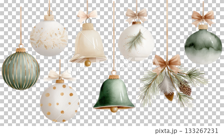 Colorful Christmas ornaments and decorative elements hanging on strings, showcasing festive designs and textures for holiday celebrations and decor. Isolated on transparent background. 133267231