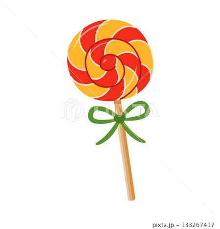 round flat lollipop with red and yellow spiral stripe, on stick. Colorful flat style. 133267417
