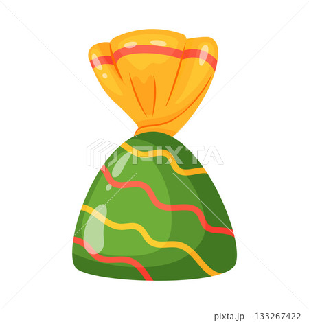 candy wrapped in yellow cellophane with multi colored lines. flat style 133267422