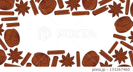 Decorative border of cinnamon roll, cinnamon stick and star anise in flat style. 133267460