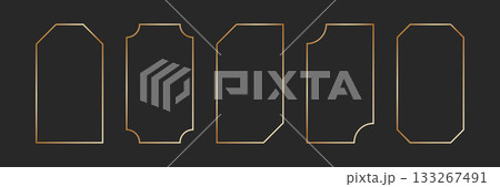 Thin golden frame set in art deco style. Vintage gold borders. Linear shining rectangle shape. Brass glowing shiny boarder element pack for photocard. Vector illustration isolated on black background 133267491