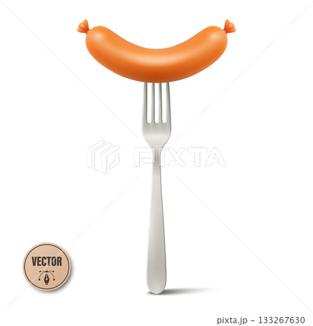 Vector 3d Sausage on Fork, Isolated. Grilled Sausage with Metal Fork. Hot Dog Sausage Food Icon for Menu, Cafe, BBQ, Street Food, Butcher Shop, Oktoberfest, Packaging, Label, Recipe, Cooking 133267630