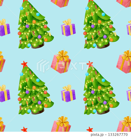 Seamless pattern, watercolor illustration, Christmas tree, gifts Seamless pattern, watercolor illustration, Christmas tree, gifts 133267770