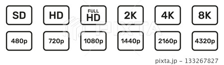 Video Resolution Icons Set. Display Quality And Screen Resolution Symbol Collection. Multimedia And Technology Use. Video Quality or Resolution Icons. Isolated Vector Illustration 133267827