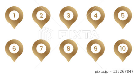 Numbered Gold Location Pin Icon Set. Sequential Numbering And Navigation Golden Marker Symbol Collection. Geolocation, Mapping, And Wayfinding Design Elements. Isolated Vector Illustration 133267847