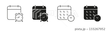 Calendar With Clock Solid Icon Set. Time Management, Scheduling, And Event Planning Outline And Silhouette Symbol. Efficient Organization And Deadline Tracking. Isolated Vector Illustration 133267952