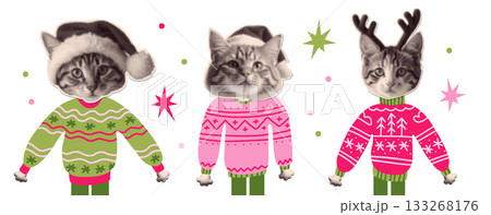Whimsical set with Christmas cats wearing ugly sweaters. Halftone party kitty paper mixed media collage elements for funny greeting cards and posters. Vintage vector illustration. Whimsical set with Christmas cats wearing ugly sweaters. Halftone party kitty paper mixed media collage elements for funny greeting cards and posters. Vintage vector illustration. 133268176