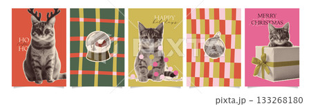 Cute set with funny Christmas posters with cute cats in antlers, string lights and gift box, vintage halftone collage style holiday greeting cards. Vector retro design with dopamine patterns. 133268180