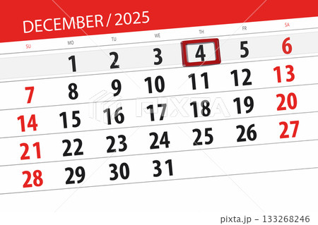 Calendar 2025, deadline, day, month, page, organizer, date, December, thursday, number 4 133268246
