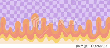 Abstract psychedelic background with flowing lava shapes in orange and yellow over purple checker pattern. Groovy checker pattern with wavy fire texture. Vector illustration Abstract psychedelic background with flowing lava shapes in orange and yellow over purple checker pattern. Groovy checker pattern with wavy fire texture. Vector illustration 133268363