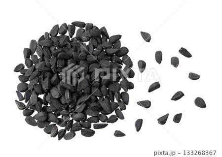 Nigella sativa or Black cumin isolated on white background. Top view. Flat lay 133268367