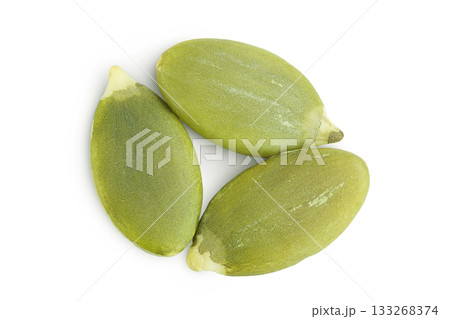Peeled pumpkin seeds isolated on white background. Top view. Flat lay Peeled pumpkin seeds isolated on white background. Top view. Flat lay 133268374