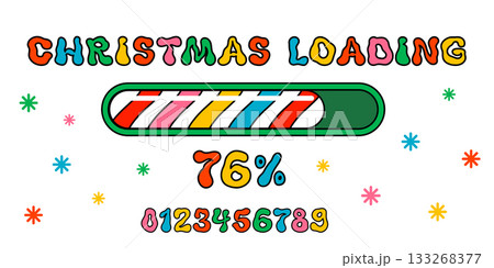 Christmas groovy loading bar with colorful candy stripe progress and bold retro letters. Festive countdown design for playful xmas banners, holiday UI screens, and cheerful vector projects Christmas groovy loading bar with colorful candy stripe progress and bold retro letters. Festive countdown design for playful xmas banners, holiday UI screens, and cheerful vector projects 133268377