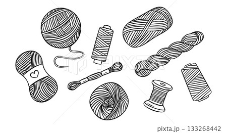 vector set, threads and yarn for knitting and embroidery, simple black and white icon, doodle and sketch style, illustration of basic sewing accessories for knitting and craft supply concepts vector set, threads and yarn for knitting and embroidery, simple black and white icon, doodle and sketch style, illustration of basic sewing accessories for knitting and craft supply concepts 133268442