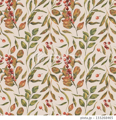 Hand drawn botanical berries pattern with watercolor leaves and red berries on beige background. Vintage watercolor style with soft earthy palette. Wallpaper, textile, packaging, stationery, branding 133268465
