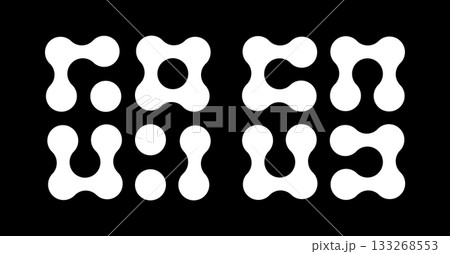Metaball white icons. Connected dots flat signs. Integration abstract symbols. Circles simple pattern. Point movement. Connected blobs. Metaballs transition. Set of logos. 133268553