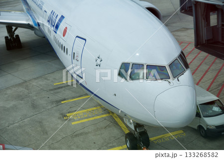Frankfurt, Germany, June 10, 2019: Long Haul Aircraft at the Gate Viewed from the Airport Lounge Frankfurt, Germany, June 10, 2019: Long Haul Aircraft at the Gate Viewed from the Airport Lounge 133268582