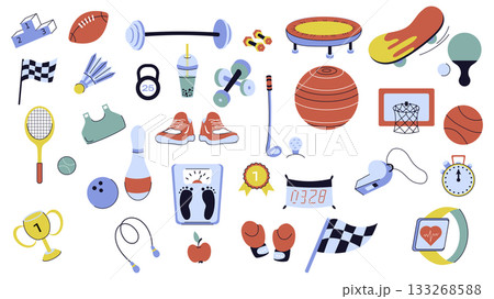 Sport equipment graphic elements set. Collection of ball, barbell, dumbbell, trampoline, skateboard, tennis racket, flag, sneakers, basketball hoop, kettlebell, stopwatch, more. Vector illustration. Sport equipment graphic elements set. Collection of ball, barbell, dumbbell, trampoline, skateboard, tennis racket, flag, sneakers, basketball hoop, kettlebell, stopwatch, more. Vector illustration. 133268588