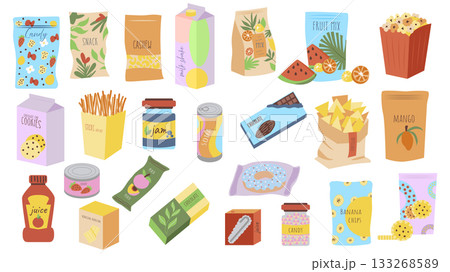 Snack products graphic elements set. Collection of candy packets , cashew nuts, milkshake, different chips mix, popcorn, cookies, salt sticks, jam, soda, chocolate, donut, more. Vector illustration. 133268589