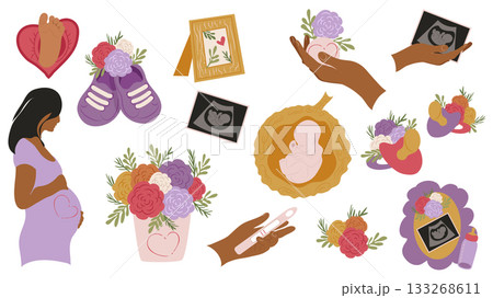 Pregnancy graphic elements set. Collection of woman with tummy, mother waiting baby, newborn foot, booties, photo frame, flower bouquet, ultrasound scan fetus, uterus, more. Vector illustration. Pregnancy graphic elements set. Collection of woman with tummy, mother waiting baby, newborn foot, booties, photo frame, flower bouquet, ultrasound scan fetus, uterus, more. Vector illustration. 133268611