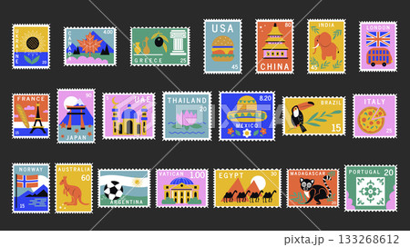 Post stamps graphic elements set. Collection of Ukraine, Canada, Greece, USA, China, India, France, Japan, UAE, Thailand, Mexico, Brazil, Italy, Norway, Australia, more countries. Vector illustration. Post stamps graphic elements set. Collection of Ukraine, Canada, Greece, USA, China, India, France, Japan, UAE, Thailand, Mexico, Brazil, Italy, Norway, Australia, more countries. Vector illustration. 133268612