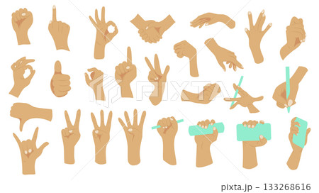 Hand gestures graphic elements set. Collection of fist, pointing finger, ok, handshake, palm, holding pencil or phone, write, dislike, rock sign, different gestures expression. Vector illustration. 133268616