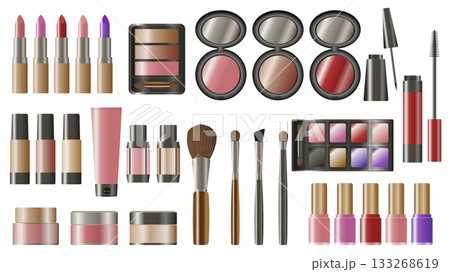 Cosmetics makeup with different color swatches graphic elements set. Collection of lipsticks, blush, eyeshadow palette, mascara, brushes, nail polishes, skin foundations, more. Vector illustration. Cosmetics makeup with different color swatches graphic elements set. Collection of lipsticks, blush, eyeshadow palette, mascara, brushes, nail polishes, skin foundations, more. Vector illustration. 133268619