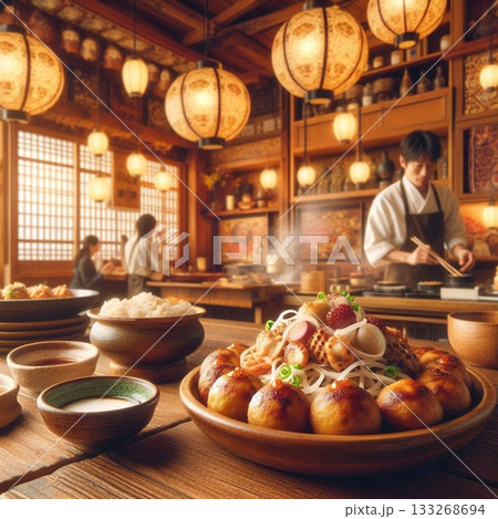 フォトジェニックフード!皿に乗った料理たこ焼き屋店内。シンプルな食事料理を食べながら居酒屋にいる フォトジェニックフード!皿に乗った料理たこ焼き屋店内。シンプルな食事料理を食べながら居酒屋にいる 133268694