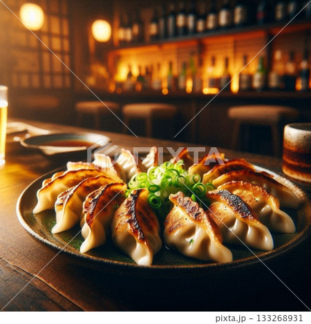 フォトジェニックフード！ヒダ餃子俯瞰の晩ご飯定食！背景居酒屋おしゃれ料理 133268931