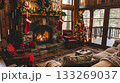 A cozy living room with a fireplace, a Christmas tree, and a couch. The room is filled with warmth and holiday cheer 133269037