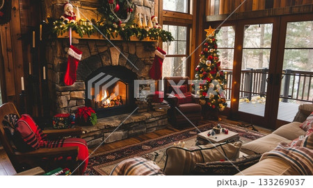 A cozy living room with a fireplace, a Christmas tree, and a couch. The room is filled with warmth and holiday cheer 133269037