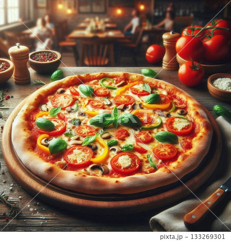 フォトジェニックフード！ピザリアル俯瞰画像！ほくほく耳があり食卓に置かれていて、クリスマスに食べたい 133269301