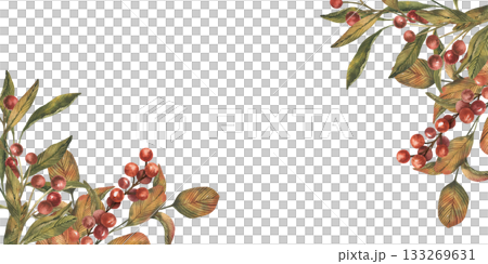 Frame with hand drawn botanical berries branch. watercolor leaves and red berries. Vintage watercolor style with soft earthy green and red palette. Template for branding card, design, arts Frame with hand drawn botanical berries branch. watercolor leaves and red berries. Vintage watercolor style with soft earthy green and red palette. Template for branding card, design, arts 133269631