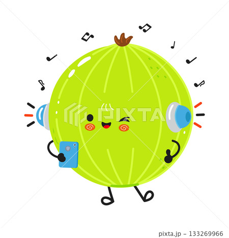 Gooseberry cartoon character listening to music on headphones enjoying 133269966