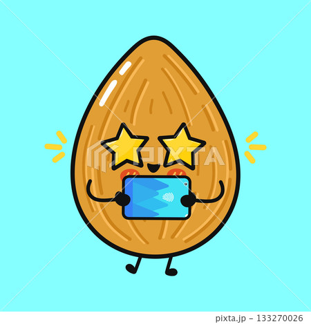Kawaii almond character looking at a tablet screen Kawaii almond character looking at a tablet screen 133270026