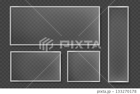 Glass plates set isolated. Realistic clear sheet. Window template with flare. 133270178